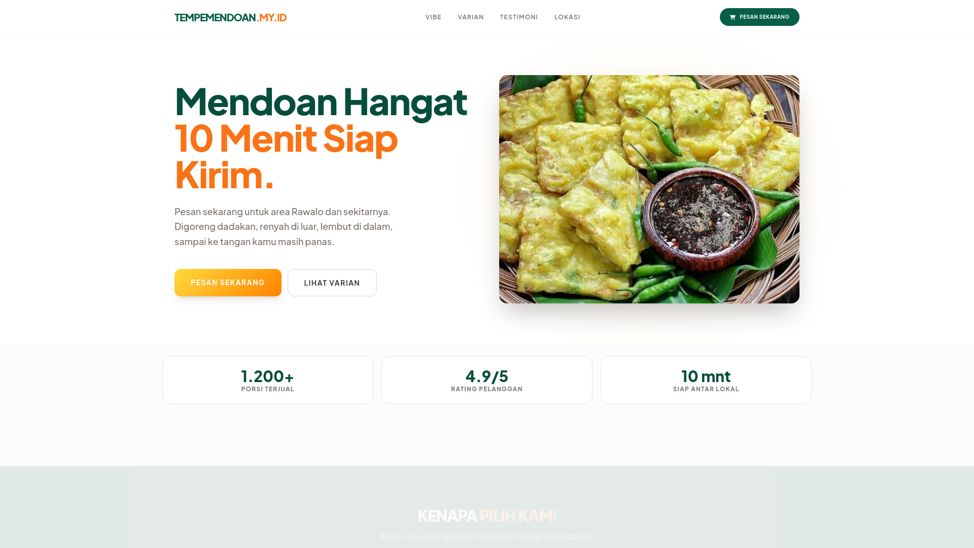 Landing page jualan tempe mendoan banyumas.